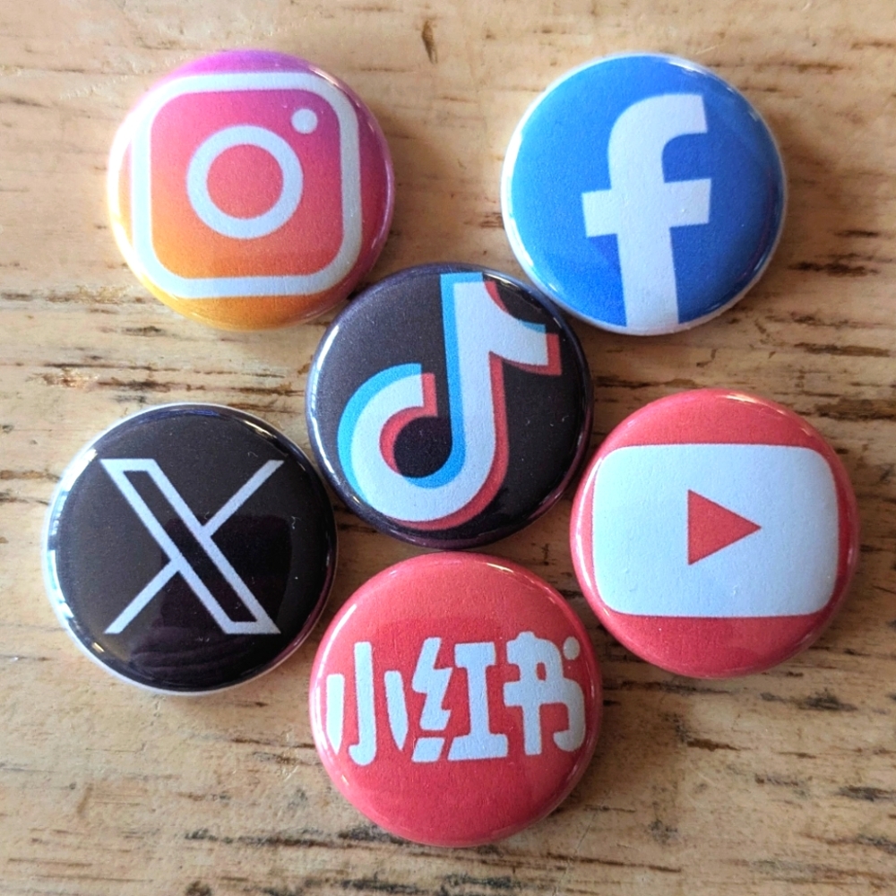 Social Media 1 inch set of 6 pinback buttons -IG, FB, YT, TT, X, Red Note